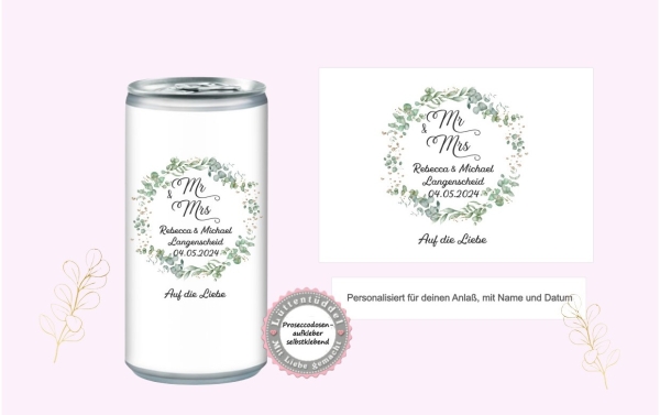 Prosecco Banderole PERSONALISIERT Aufkleber Sticker Blumen Herz für JGA, Hochzeit, Getränke-Dosen-Banderole Eucalyptus Kranz Lüttentüddel®